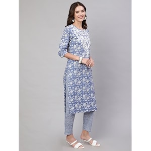 Mizaz Women Embroidered Printed Cotton Round Neck