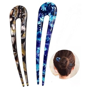 2 pack french hair forks tortoise shell u shape updo hair pins clips for thin thick hair classic cellulose acetate 2 prong bun hair sticks chignon women vintage hairstyle accessories medium size