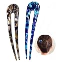 2 Pack French Hair Forks Tortoise Shell U Shape Updo Hair Pins Clips for Thin Thick Hair, Classic Cellulose Acetate 2 Prong Bun Hair Sticks Chignon Women Vintage Hairstyle Accessories Medium size