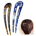 2 Pack Womens Hair Forks Tortoise U Shaped Hair Pins French Style U Hair Sticks Cellulose Acetate Chignon Pins 2 Prong Bun Hair Pins Clips