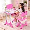 MLU Adjustable Kids Study Table & Chair Set | Height Adjustable Children’s Desk with Book Holder & Storage Tray | Ergonomic Study Table and Chair for Kids | Pink