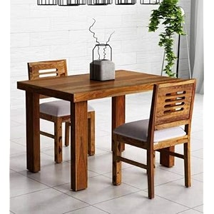 sheesham wood 2 seater dining table with 2 cushion chairs  wooden dining room set dinner table furniture for living room home restaurant - teak finish