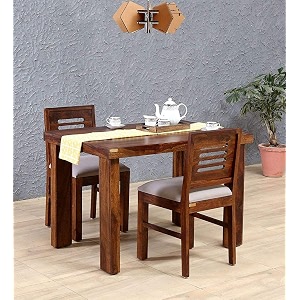 sheesham wood 2 seater dining table with 2 cushion chairs  wooden dining room set dinner table furniture for living room home restaurant - honey finish
