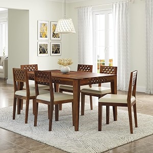 sheesham wood cnc 6 seater dining table with 6 cushion chairs  wooden dining room set dinner table furniture for living room home hotels - honey finish