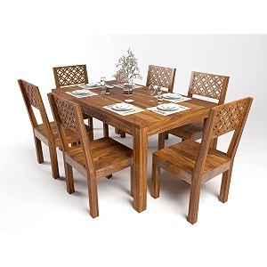 sheesham wood cnc 6 seater dining table 6 chairs without cushion  wooden dining room set dinner table furniture for living room home hotels - honey finish
