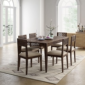 sheesham wood cnc 6 seater dining table with 6 cushion chairs  wooden dining room set dinner table furniture for living room home hotels - walnut finish