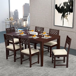 sheesham wood cnc 6 seater dining table with 6 cushion chairs  wooden dining room set dinner table furniture for living room home hotels - mahogany finish