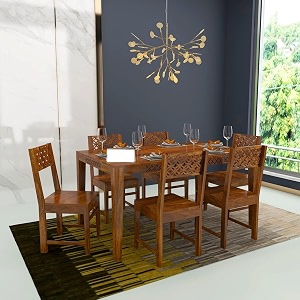 sheesham wood cnc 6 seater dining table 6 chairs without cushion  wooden dining room set dinner table furniture for living room home hotels - teak finish