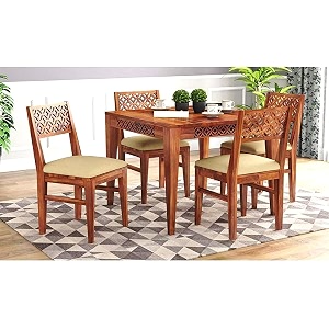 sheesham wood cnc 4 seater dining table 4 chairs with cushion  wooden dining room sets dinner table furniture for living room home hotels - teak finish