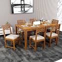 Sheesham Wood CNC 6 Seater Dining Table with 6 Cushion Chairs | Wooden Dining Room Set Dinner Table Furniture for Living Room Home Hotels - Teak Finish