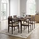 Sheesham Wood CNC 6 Seater Dining Table with 6 Cushion Chairs | Wooden Dining Room Set Dinner Table Furniture for Living Room Home Hotels - Walnut Finish