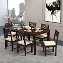 Sheesham Wood CNC 6 Seater Dining Table with 6 Cushion Chairs | Wooden Dining Room Set Dinner Table Furniture for Living Room Home Hotels - Mahogany Finish
