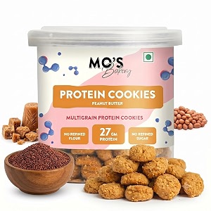 mos peanut butter protein cookies  150g  27 g protein per 100g serve  mini cookies  multigrain plant-based snack with ragi oats barley amp jaggery  no palm oil no maida no refined sugar