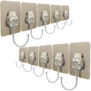 strong grip sticking hooks  10 pcs   stackable adhesive hooks for wall  golden base square wall hanger hook  durable material sticker hooks for walls  180 rotating wall stick hook