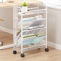 Mobile Rolling Book Cart Shelf Nizer - Black Metal Compact Desk Storage Trolley for Narrow Spaces Multi-Functional Rolling Bookshelf On Wheels for Home &amp; Office Use,White-5 Tier