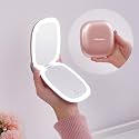Mocado Compact LED Magnifying Travel Makeup-Mirror - 4 inches 1X/10X Magnification Small Hand Pocket Dimmable Double Sided USB Rechargeable Touch Screen, Portable Tabletop Cosmetic (Rose Gold)