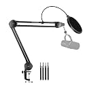 MOCKING BIRD Adjustable Microphone Boom Arm Stand with Built-in Spring & Double Layer Pop Filter – Heavy-Duty Scissor Mic Holder for Blue Yeti, Condenser Mics, Studio Recording, Podcasting & Streaming