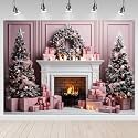 Mocsicka Pink Christmas Backdrop Pink White Fireplace Christmas Tree Photography Background Christmas Winter Wonderland Sence Photo Backdrop (8x6ft)