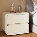 Modern with 2 Drawers, Leather Bedside Table, Solid Wood Frame, Curved Profile Design End Living Room Bedroom Storage Cabinet(Beige-A,17.7x15.7x18.9in)