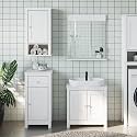 Modern 3-Piece Bathroom Furniture Set in White, Solid Pine Wood Sink Cabinet, Standing Cabinet, Wall-Mounted Shelves and Mirror for Storage and Organization