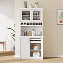 Modern 74.8 inch Tall Kitchen Pantry, Freestanding Buffet with Hutch, Kitchen Pantry Storage Cabinet with Wine Rack and Adjustable Shelves for Dining Room (White//1)