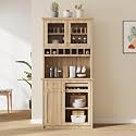 Modern 74.8 inch Tall Kitchen Pantry, Freestanding Buffet with Hutch, Kitchen Pantry Storage Cabinet with Wine Rack and Adjustable Shelves for Dining Room (Natural//1)