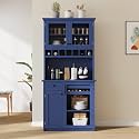 Modern 74.8 inch Tall Kitchen Pantry, Freestanding Buffet with Hutch, Kitchen Pantry Storage Cabinet with Wine Rack and Adjustable Shelves for Dining Room (Blue//1)