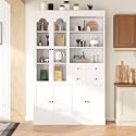 Modern 75inch Tall Kitchen Pantry Storage Cabinet with 4 Drawers, Freestanding Buffet Cabinet with Door Shelves and Pull-Out Trays for Dining Room, Living Room (White/32r)