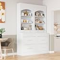 Modern 83.7inch High Kitchen Pantry, Freestanding Tall Kitchen Hutch with Faux Marble Top, Cupboard Cabinet with 5 Storage Drawers and Adjustable Shelf, Wood Storage Cabinet, Set of 2 (White-3)