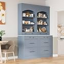 Modern 83.7inch High Kitchen Pantry, Freestanding Tall Kitchen Hutch with Faux Marble Top, Cupboard Cabinet with 5 Storage Drawers and Adjustable Shelf, Wood Storage Cabinet, Set of 2 (Gray-3)