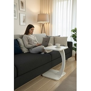 modern c-shaped wooden sofa side table for living room  multipurpose laptop table for couch  bedside coffee table  space saving table for home amp office  stylish portable end table white