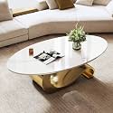 Modern Coffee Table with Gold Stainless Steel Pedestal,Oval