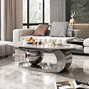 Modern Coffee Table with Silver Stainless Steel Pedestal,Oval Living Room Table with Faux Marble Top &amp; Luxury Legs,Sintered Stone Cocktail Center Table,51.20inch