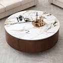Modern Drum Coffee Table with Wooden Base,Round Living Room Table with Sintered Stone Faux Marble Top,Cocktail Center Table with 2 Built-in Drawers,35.40inch
