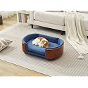 Modern Elevated Dog Cat Sofa, Pet Sofa Dog Cat Bed with Solid Wood Legs and Bent Wood Back with Velvet Cushion for Cute Cats and Small Dogs (Dark Blue)