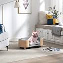 Modern Elevated Dog Cat Sofa, Pet Sofa Dog Cat Bed with Solid Wood Legs and Bent Wood Back with Velvet Cushion for Cute Cats and Small Dogs (Light Grey)