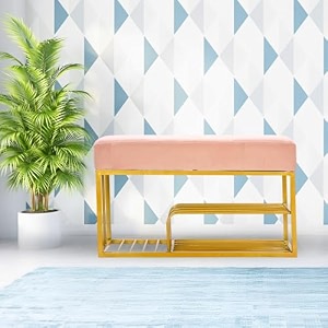 luxury velvet storage bench with shoe rack  upholstered entryway ottoman seat  soft cushioned sitting  gold metal frame furniture  end of bed seating for bedroom living room amp hallway light pink