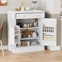Modern Freestanding Kitchen Pantry with Drawer, Buffet Food Storage, Coffee Bar Cabinet with 2 Adjustable Shelves and 2 Door Shelves, Wood Storage Cabinet for Dining, Kitchen (White-5)