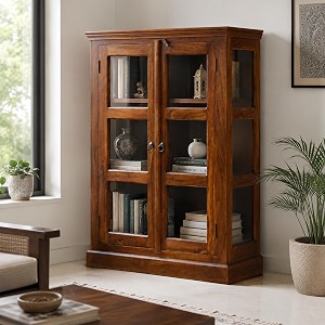 sona art amp crafts vista mini book shelf wooden with glass door  multipurpose solid sheesham wood bookshelf for home amp study room  lockable book organizer for library room amp office natural