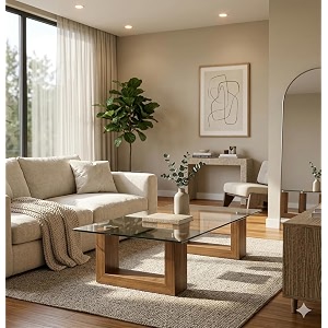 modern glass top coffee table with wooden base  contemporary center table for living room  tempered glass table  wooden coffee table for home amp office