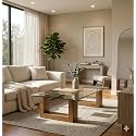 Modern Glass Top Coffee Table with Wooden Base | Contemporary Center Table for Living Room | Tempered Glass Table | Wooden Coffee Table for Home & Office