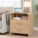 Modern Nightstand with Charging Station, 25'' Tall Night Stand w/ 2 Storage Drawers, 23.6'' Wide Bedside Table, Wood End Table for Bedroom, Curved Profile Design, Light Oak
