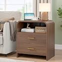Modern Nightstand with Charging Station, 25'' Tall Night Stand w/ 2 Storage Drawers, 23.6'' Wide Mid Century Bedside Table, Wood End Table for Bedroom, Curved Profile Design, Walnut