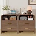 Modern Nightstand Set of 2 with Charging Station, 25'' Tall Mid Century Bedside Table w/ 2 Storage Drawers, 23.6'' Wide Wood End Table for Bedroom, Curved Profile Design, Walnut