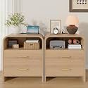 Modern Nightstand Set of 2 with Charging Station, 25'' Tall Night Stand w/ 2 Storage Drawers, 23.6'' Wide Bedside Table, Wood End Table for Bedroom, Curved Profile Design, Light Oak