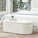Modern Oval Storage Ottoman Bench, Upholstered Boucle Teddy Fabric End of Bed Bench with Storage, End of Bed Stool with Safety Hinge for Bedroom, Living Room, Entryway, White