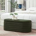 Modern Oval Storage Ottoman Bench, Upholstered Boucle Teddy Fabric End of Bed Bench with Storage, End of Bed Stool with Safety Hinge for Bedroom, Living Room, Entryway, Dark Green