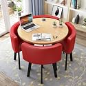 Modern Round Dining Table and Chairs Set 4, Office Reception Room Club Table and Chair Set, Space-Saving Small Meeting Room Table for Home Living Room Balcony Cafe Break Room, PU Red