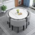 Modern Round Dining Table Set Space Saving Kitchen Table with 4 Fabric Chairs Ideal for Home Office 90 * 90 * 75cm Reception Saving Set,A18-80 * 80 * 75cm