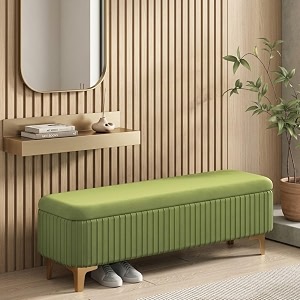 modern upholstered storage bench with gold metal legs  velvet cushion ottoman bench seat for bedroom living room amp entryway light green